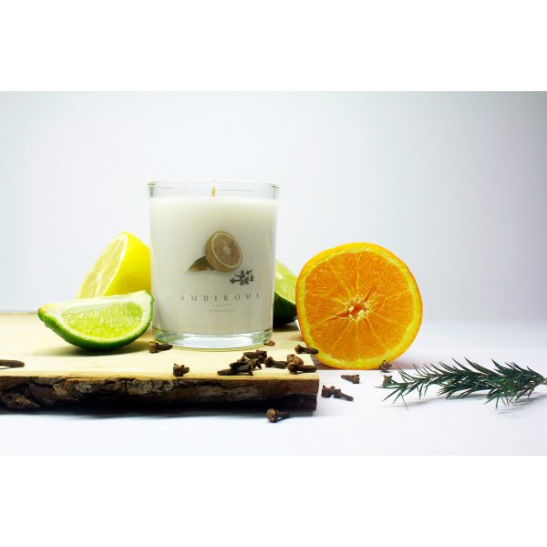 citrus clove candle with citrus fruits and clove on wooden board