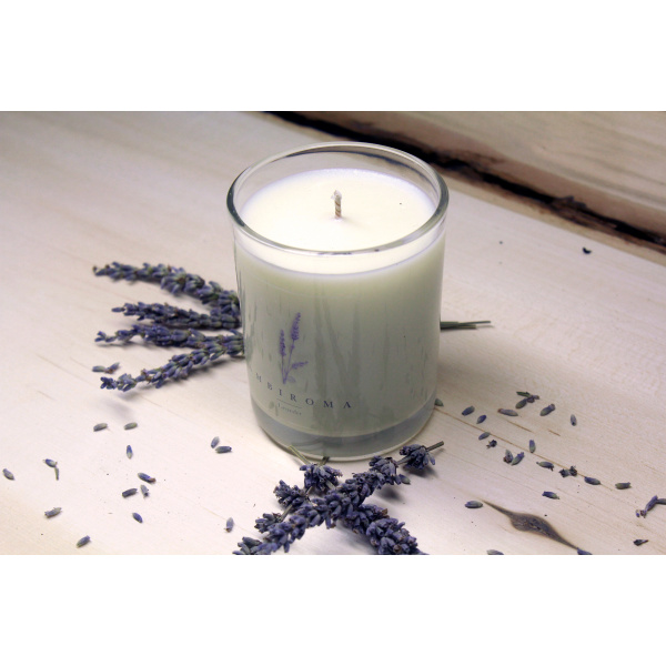 lavender soy candle with lavender flowers