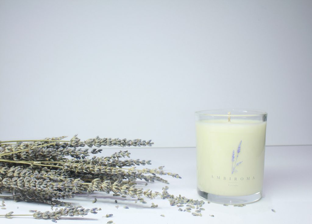 lavender candle with lavender plant_white background